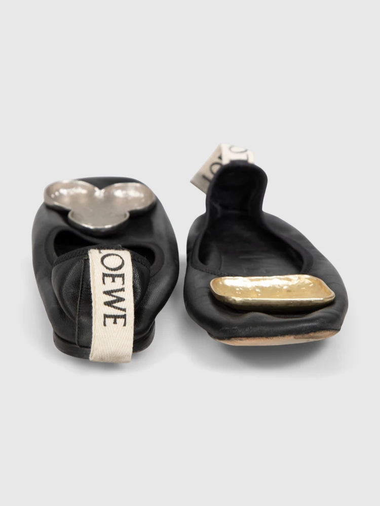 Loewe Black Leather Shamrock Mismatched Ballet Flats