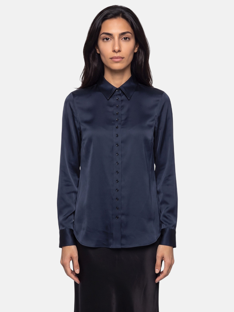 Saint Laurent Navy Silk Long Sleeve Blouse