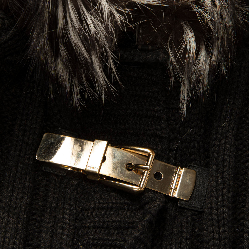 Gucci Grey Camel Hair Fur Trim Knit Cardigan