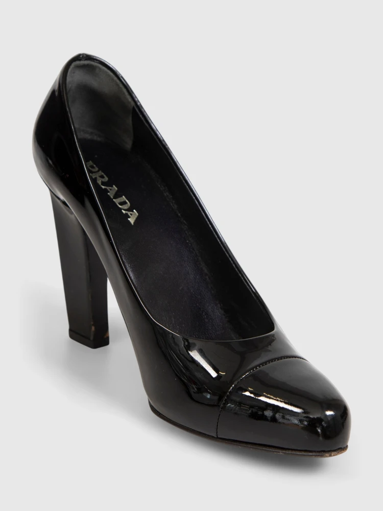 Prada Black Patent Leather Block Heel Pumps