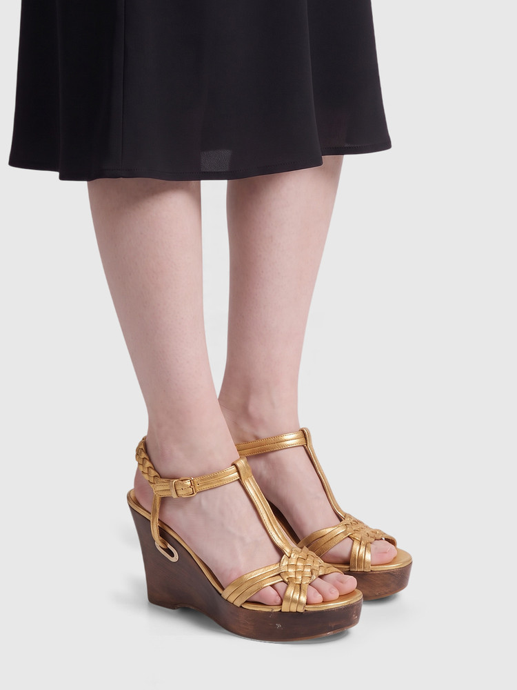 Ralph Lauren Gold Leather Wedge Sandals