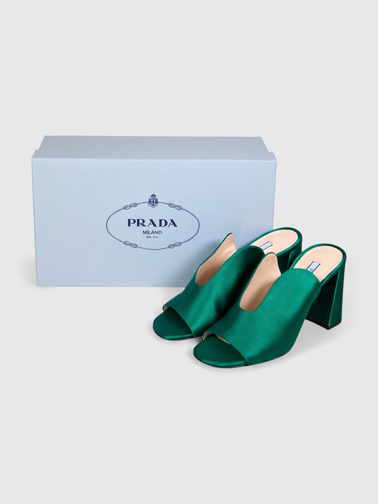 Prada Green Satin Vamp Block Heel Mules
