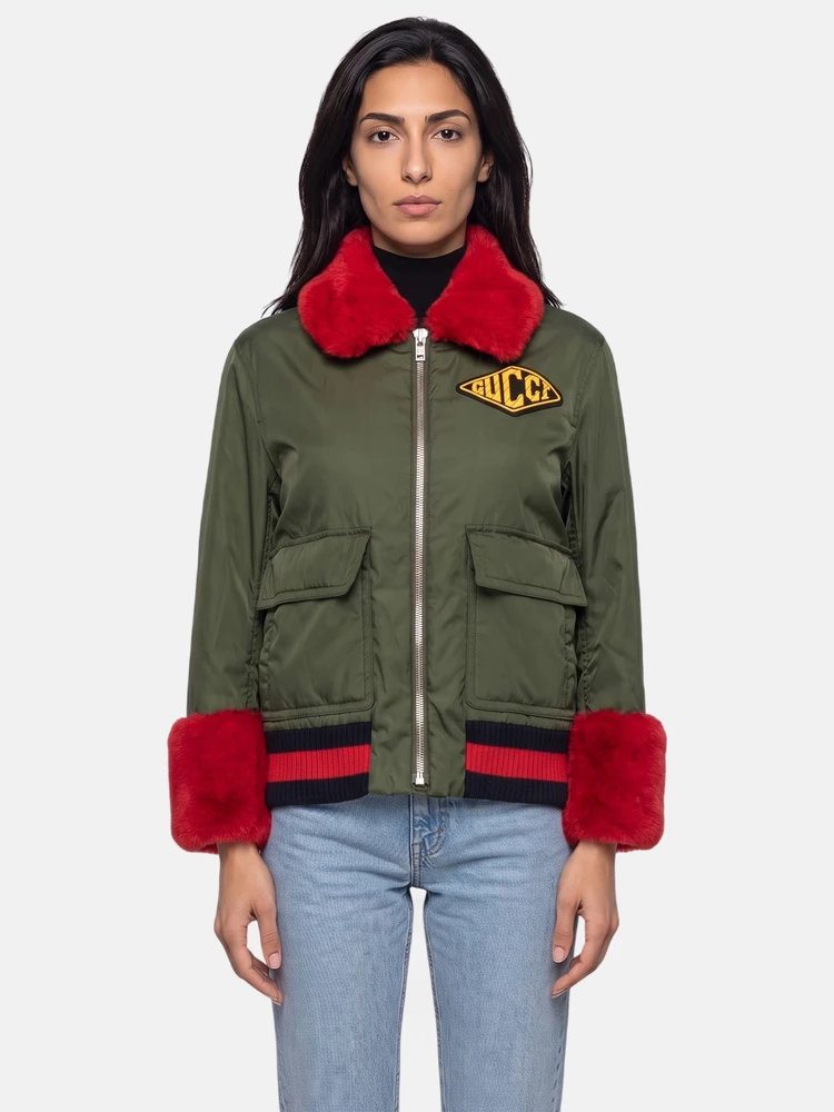 Gucci Green & Red Fur Trim Jacket