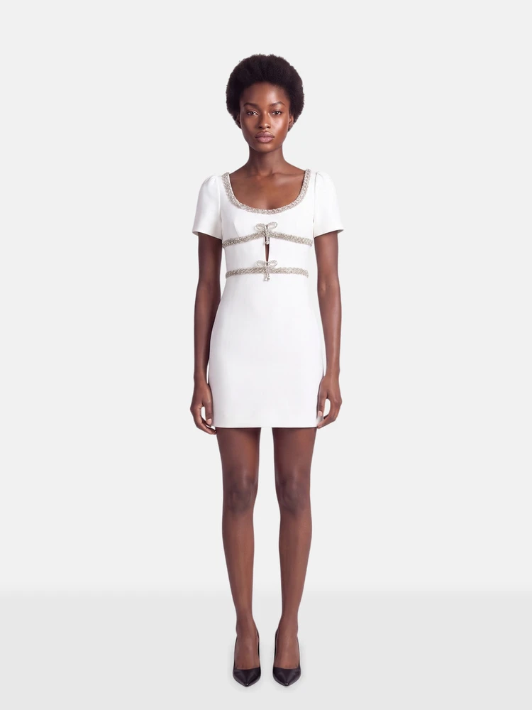 Self-Portrait White Diamanté Bow Trim Midi Dress
