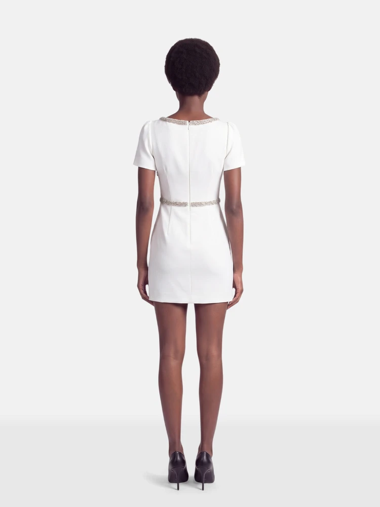 Self-Portrait White Diamanté Bow Trim Midi Dress