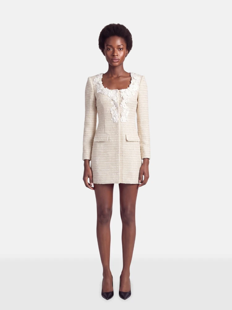 Self-Portrait Gold Boucle Floral Trim Mini Dress