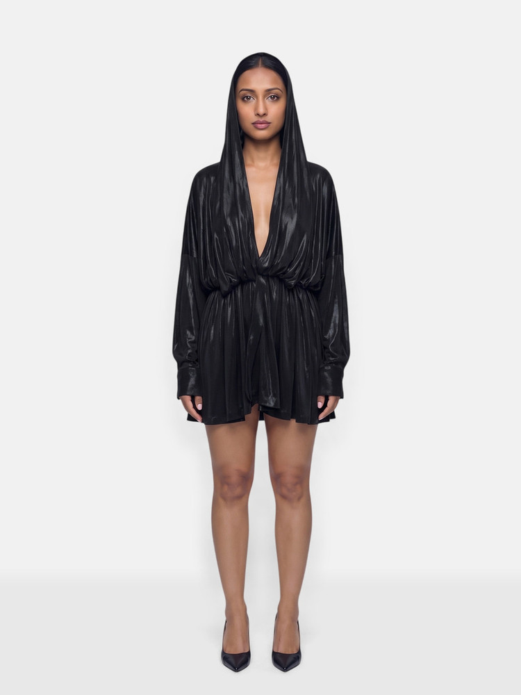 Norma Kamali Black Draped Plunge Hooded Dress