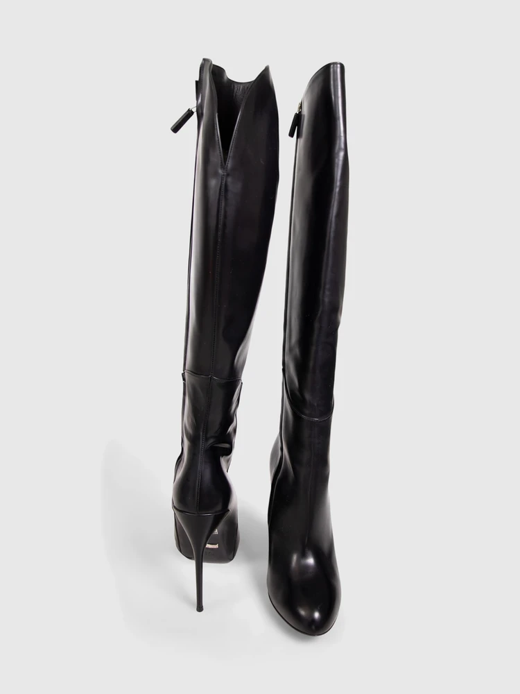 Gucci Black Leather Knee High Stiletto Boots