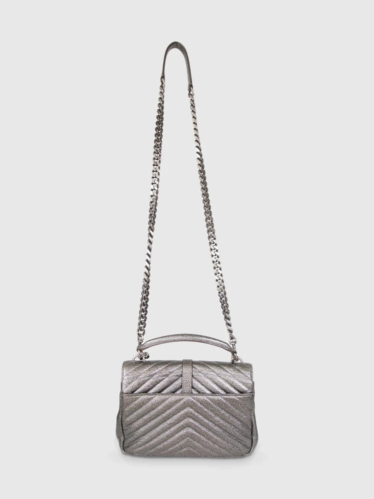 Saint Laurent Silver Leather Chevron Medium College Bag