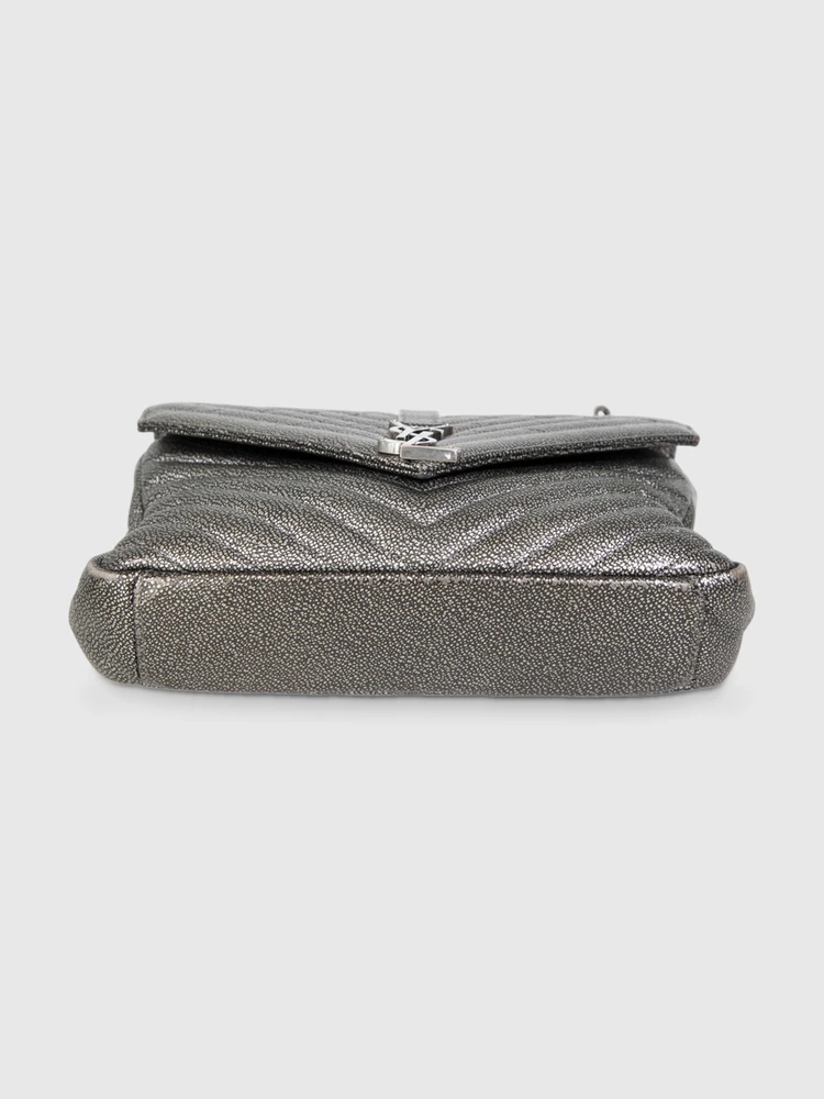 Saint Laurent Silver Leather Chevron Medium College Bag