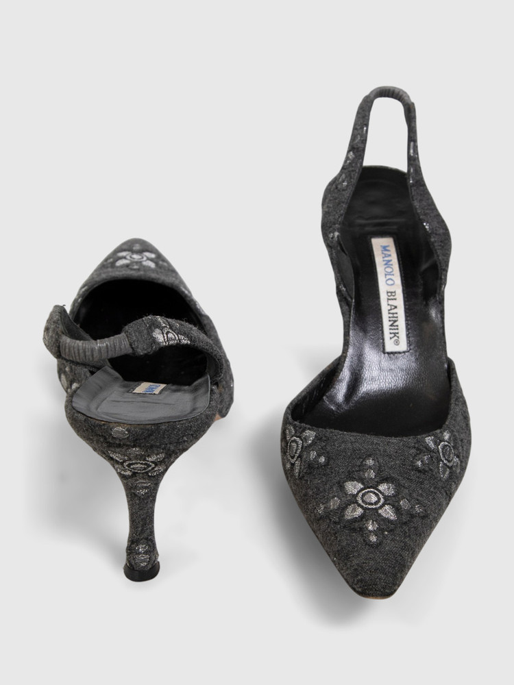 Manolo Blahnik Grey Floral Embroidered Carolyne Heels