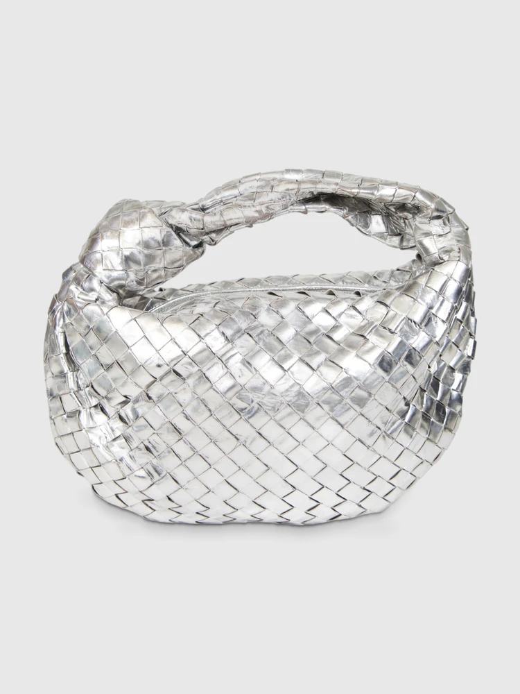 Bottega Veneta Silver Leather Intrecciato Teen Jodie Bag