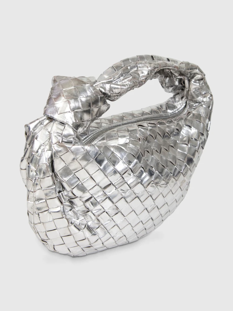 Bottega Veneta Silver Leather Intrecciato Teen Jodie Bag