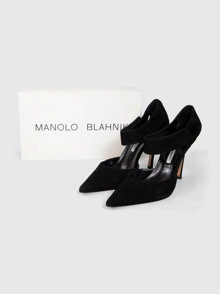 Manolo Blahnik Black Suede Ankle Strap Heels