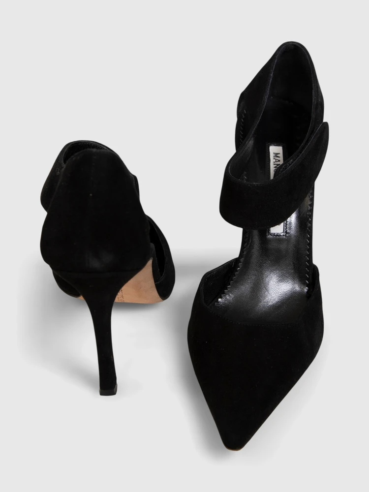 Manolo Blahnik Black Suede Ankle Strap Heels