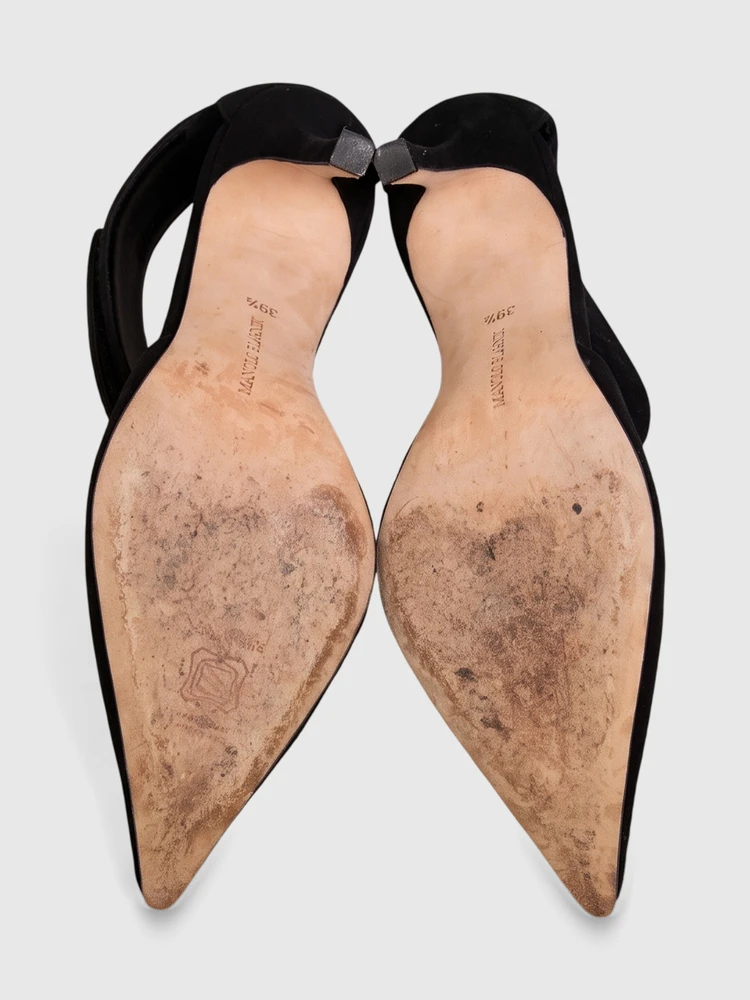 Manolo Blahnik Black Suede Ankle Strap Heels