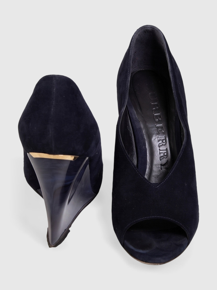 Burberry Navy Suede Clear Wedge Heels