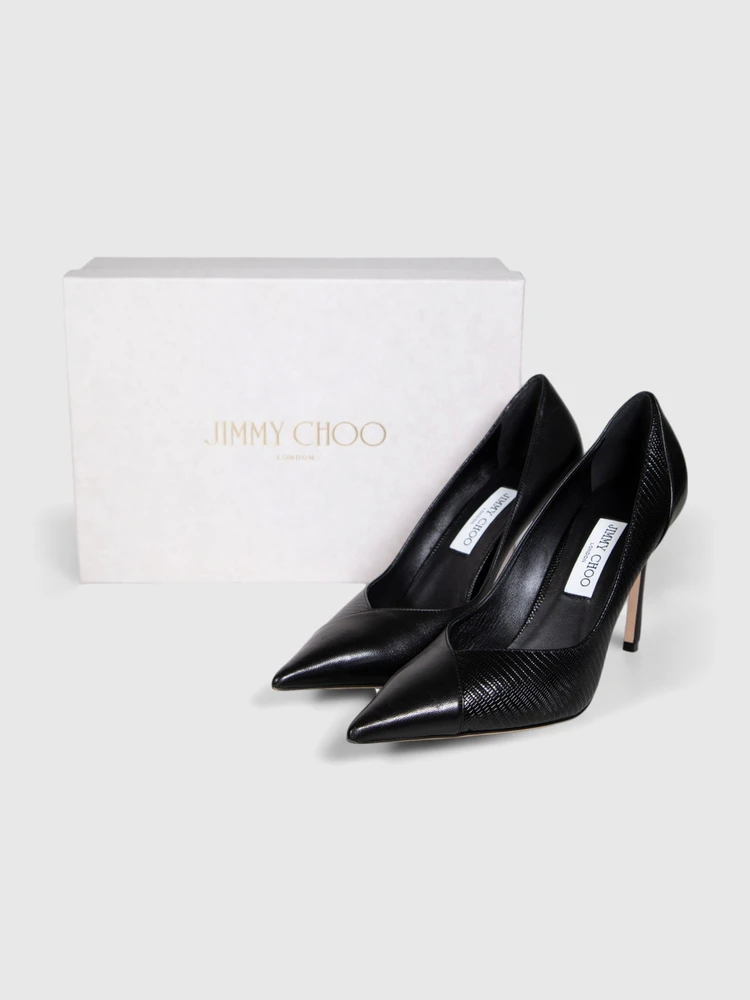 Jimmy Choo Black Leather Lizard Embossed Cass 95 Pumps