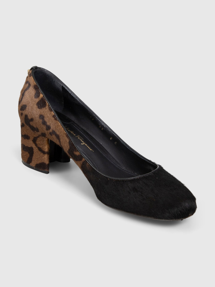 Salvatore Ferragamo Brown Pony Hair Leopard Print Pumps