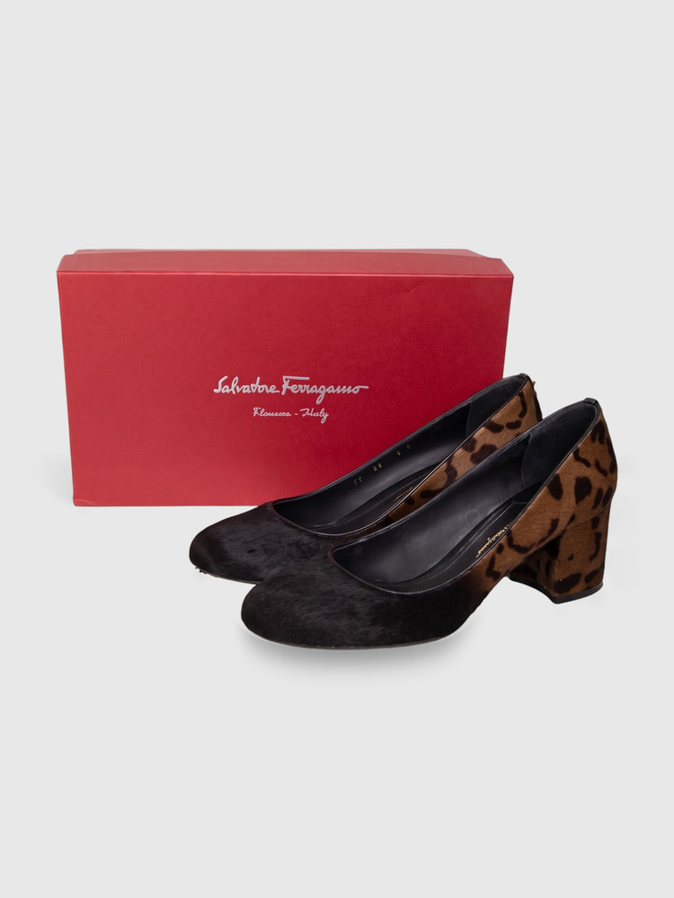 Salvatore Ferragamo Brown Pony Hair Leopard Print Pumps