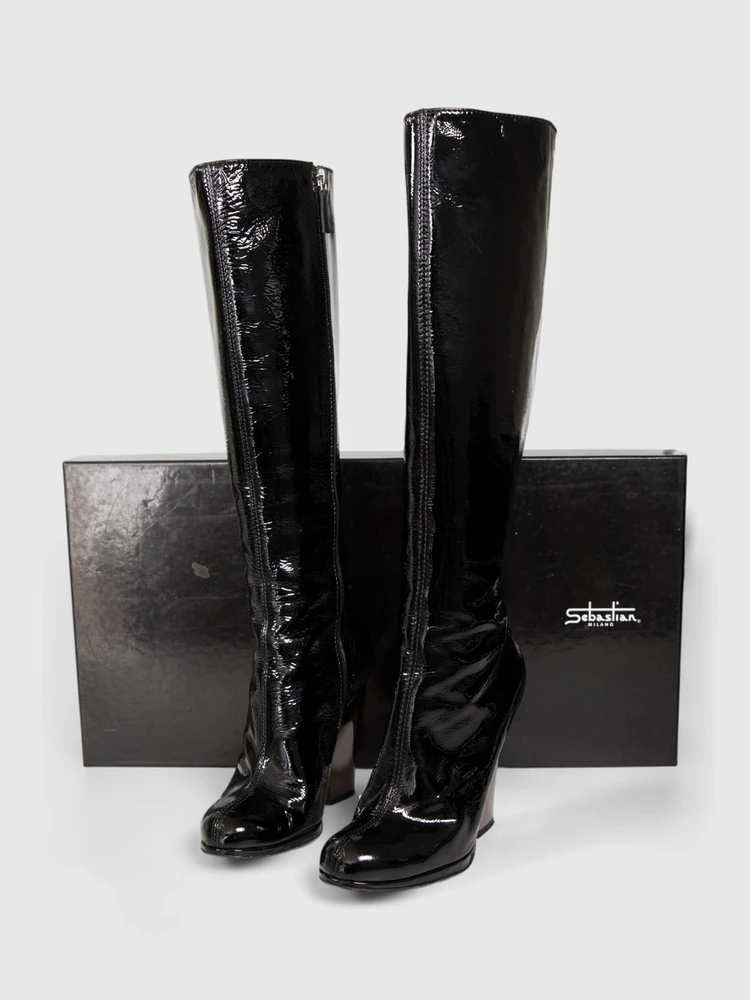 Sebastian Black Patent Knee High Boots