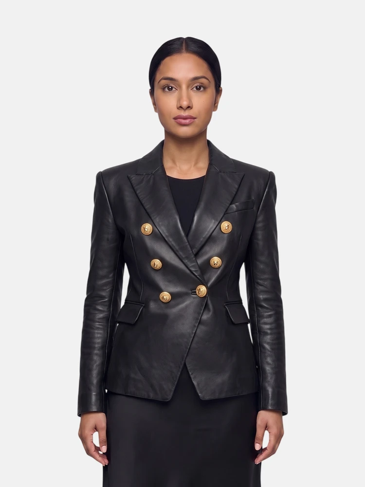 Balmain Black Leather Double Breasted Blazer