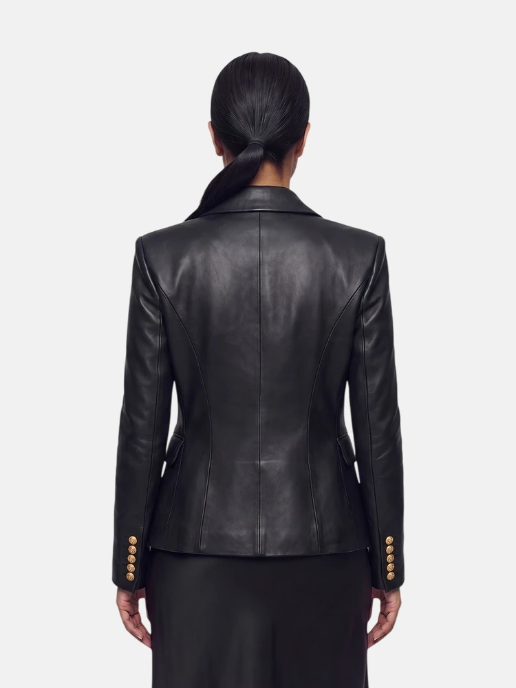 Balmain Black Leather Double Breasted Blazer