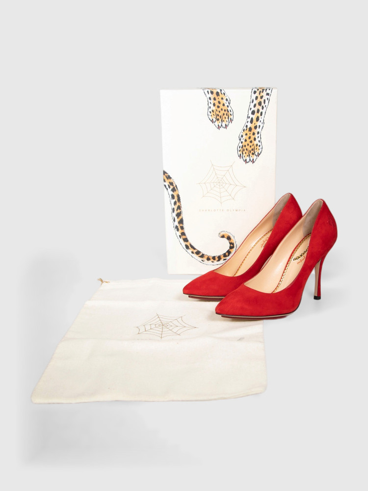 Charlotte Olympia Red Suede Spider Embroidered Pumps