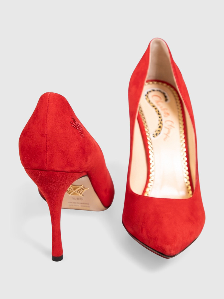 Charlotte Olympia Red Suede Spider Embroidered Pumps