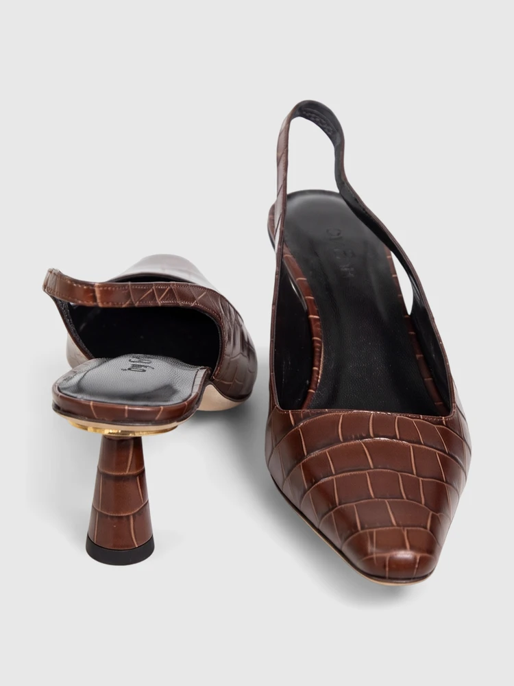 By Far Nutella Croco Embossed Diana Heels