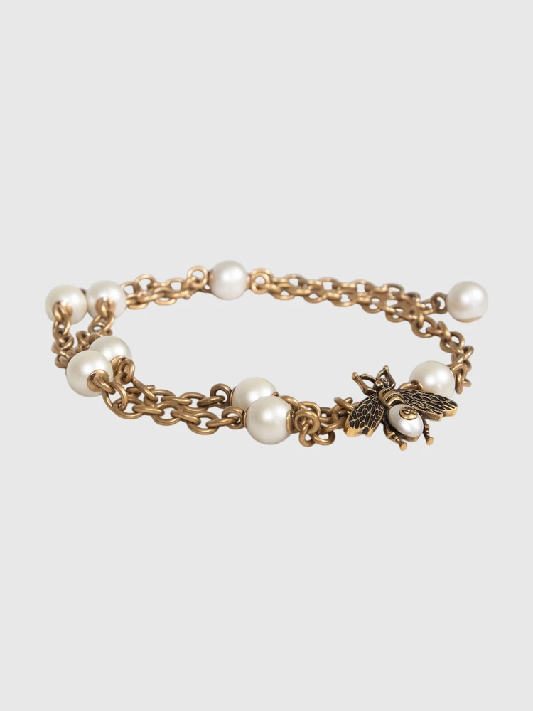 Gucci Gold Bee Faux Pearl Chain Belt