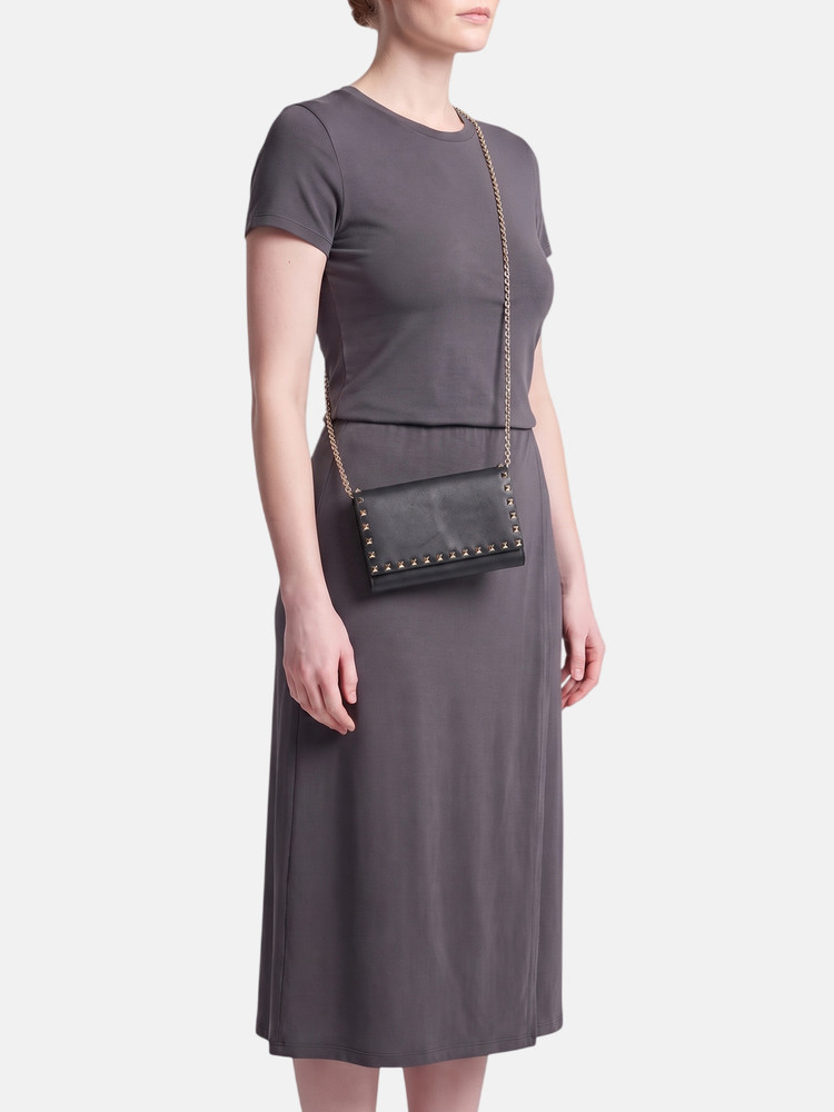 Valentino Garavani Black Rockstud Leather Wallet On Chain