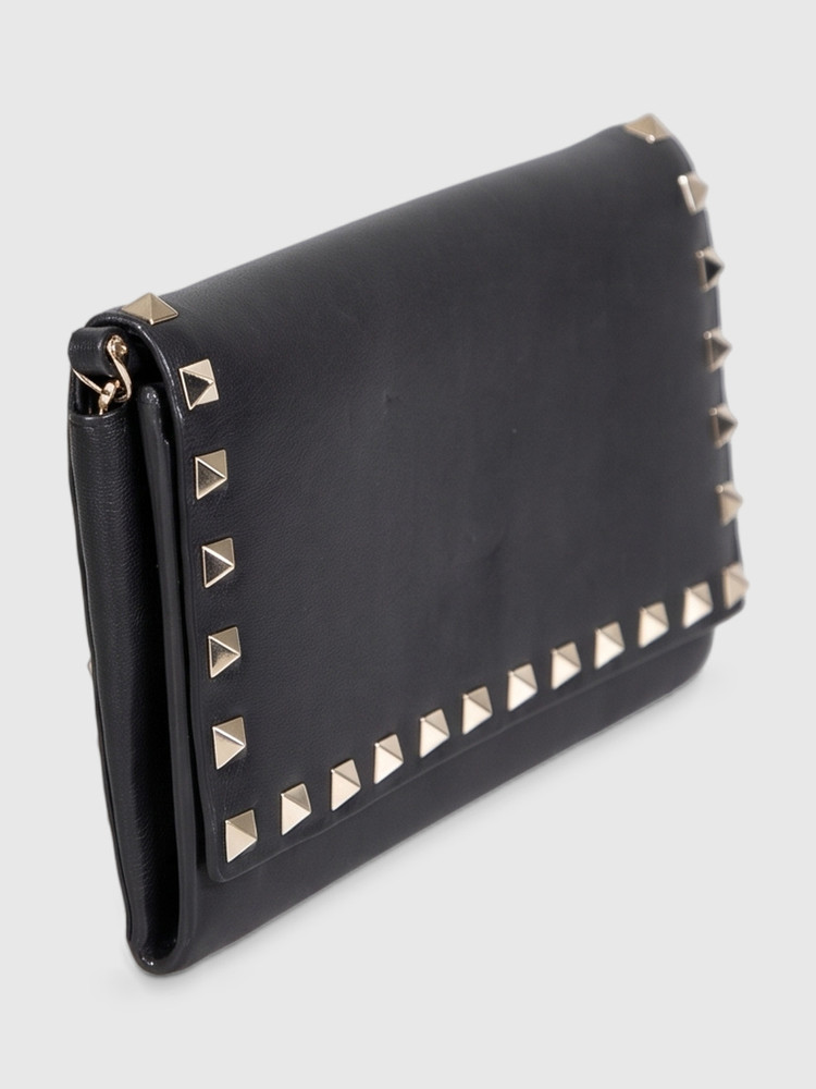 Valentino Garavani Black Rockstud Leather Wallet On Chain