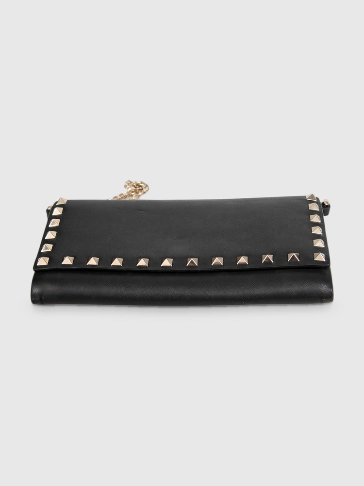 Valentino Garavani Black Rockstud Leather Wallet On Chain