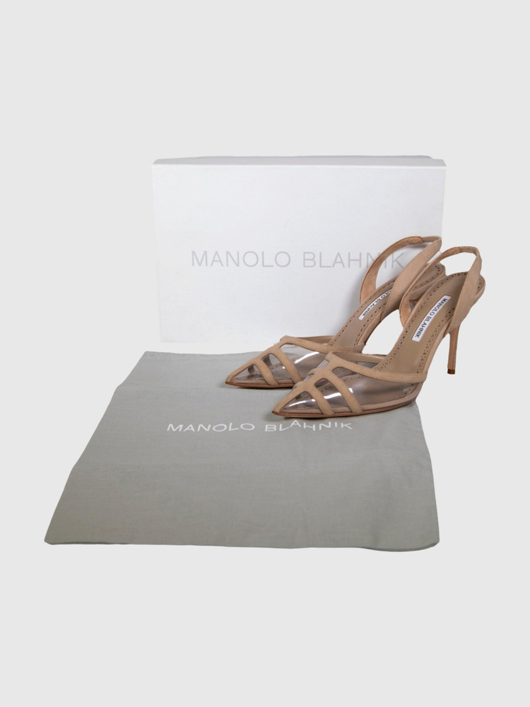 Manolo Blahnik Beige Suede Gotrianc Slingback Heels