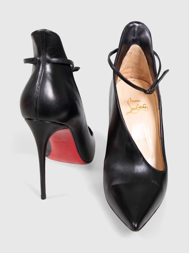 Christian Louboutin Black Leather Ankle Strap Heels