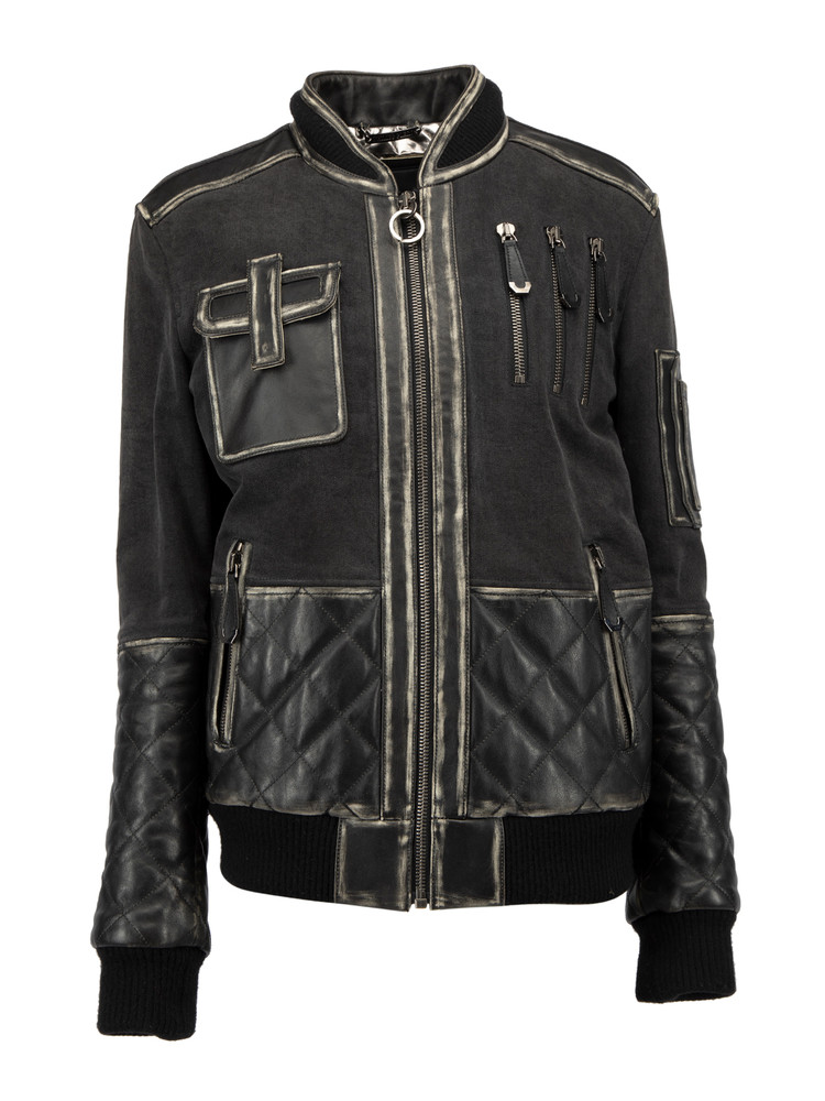 Philipp Plein Dark Grey Cotton Bomber with Calf Leather Matelasse Details