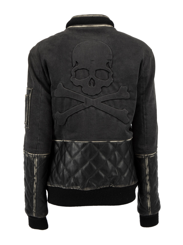 Philipp Plein Dark Grey Cotton Bomber with Calf Leather Matelasse Details