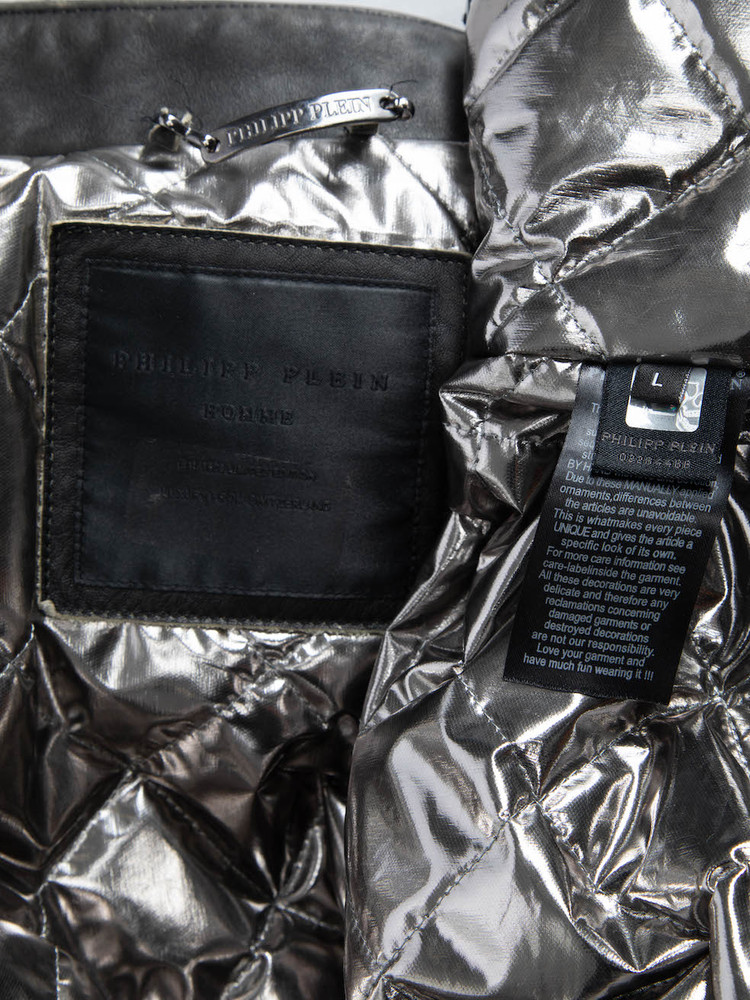 Philipp Plein Dark Grey Cotton Bomber with Calf Leather Matelasse Details