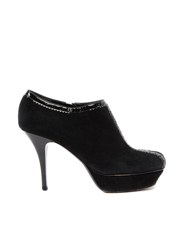 Saint Laurent Yves Saint Laurent Black Suede with Patent Leather Trim Platform Booties