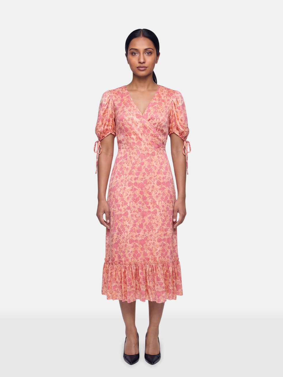 Pink Silk Rose Print Frill Seeker Dress