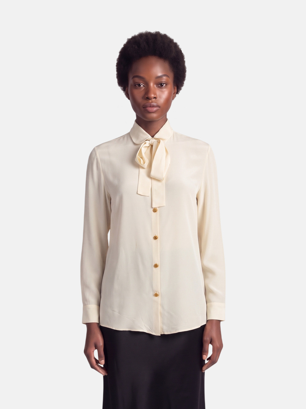 Ecru Silk Sheer Neck Tie Shirt
