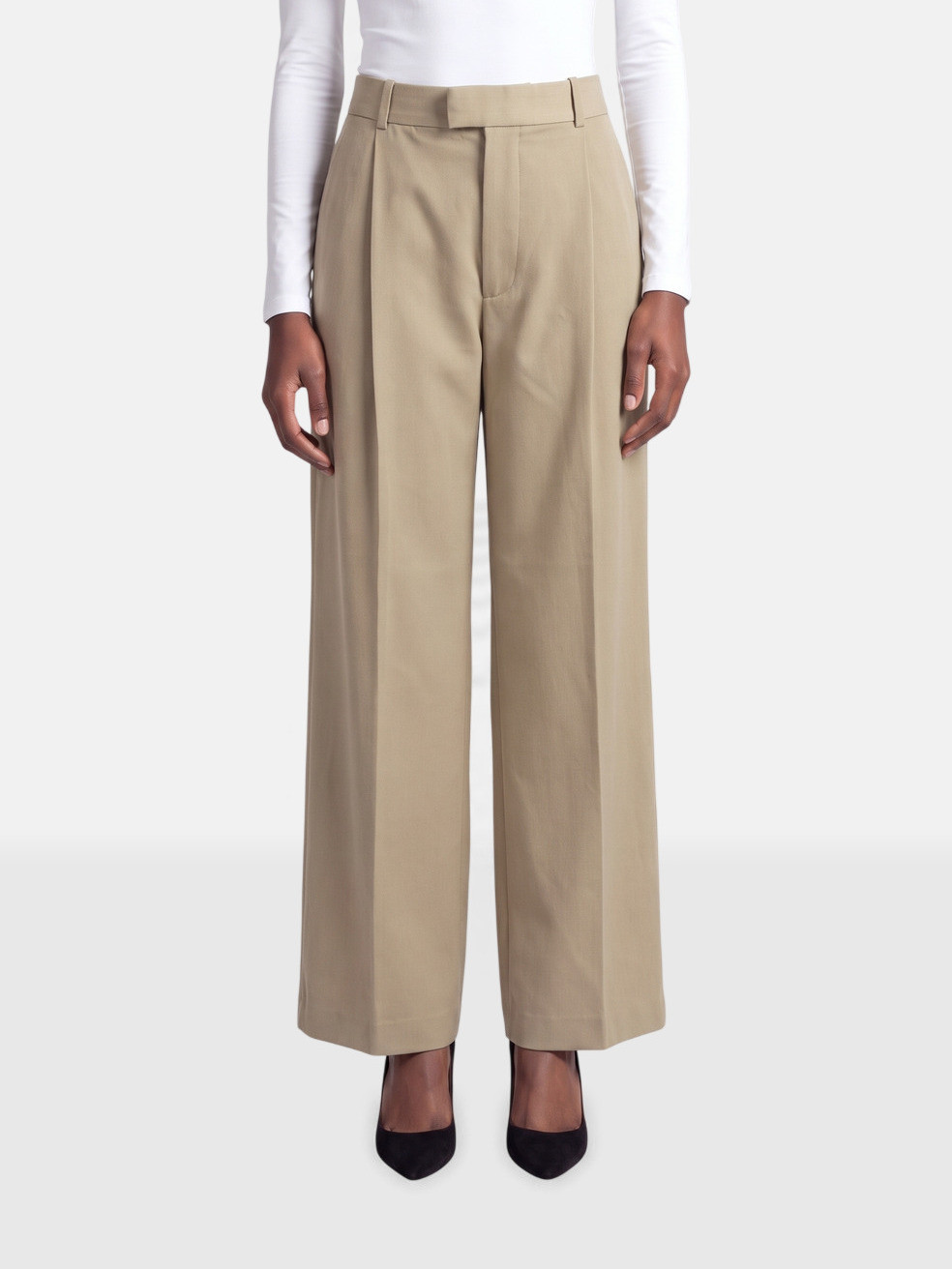 Khaki Wool Wide Leg Trousers