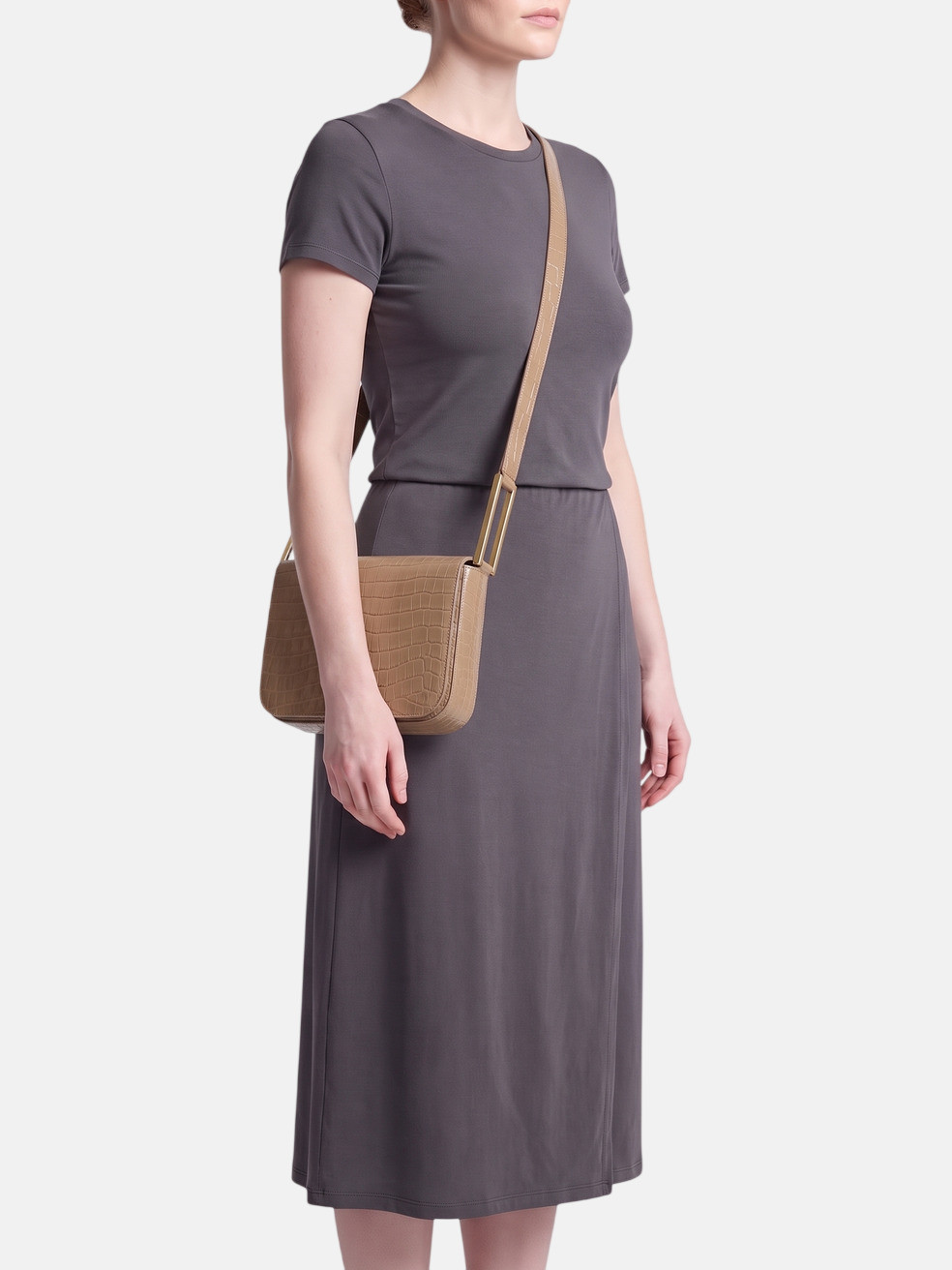 Tan Croc Embossed Leather Crossbody Bag