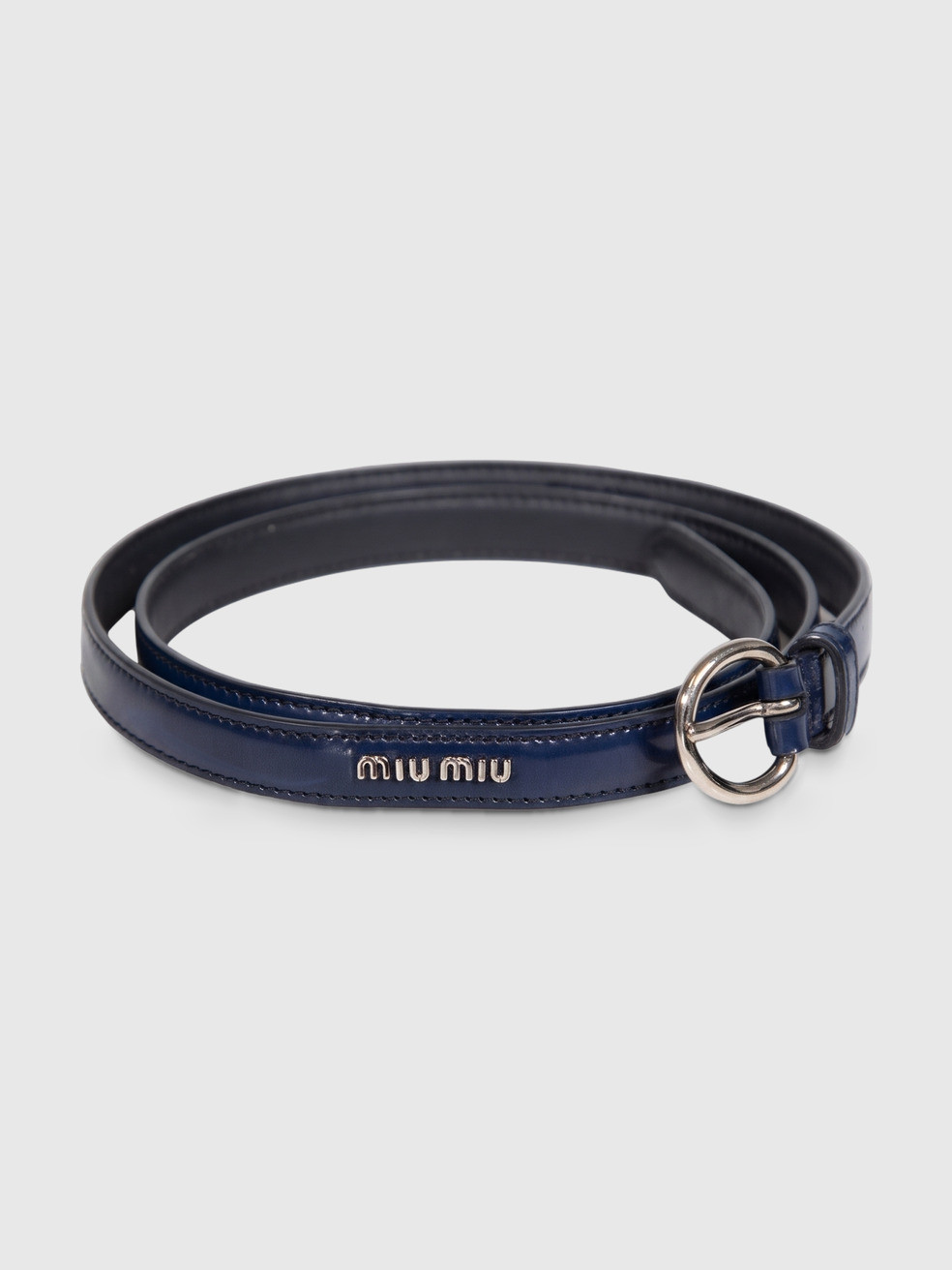Navy Patent Leather Skinny Logo Belt