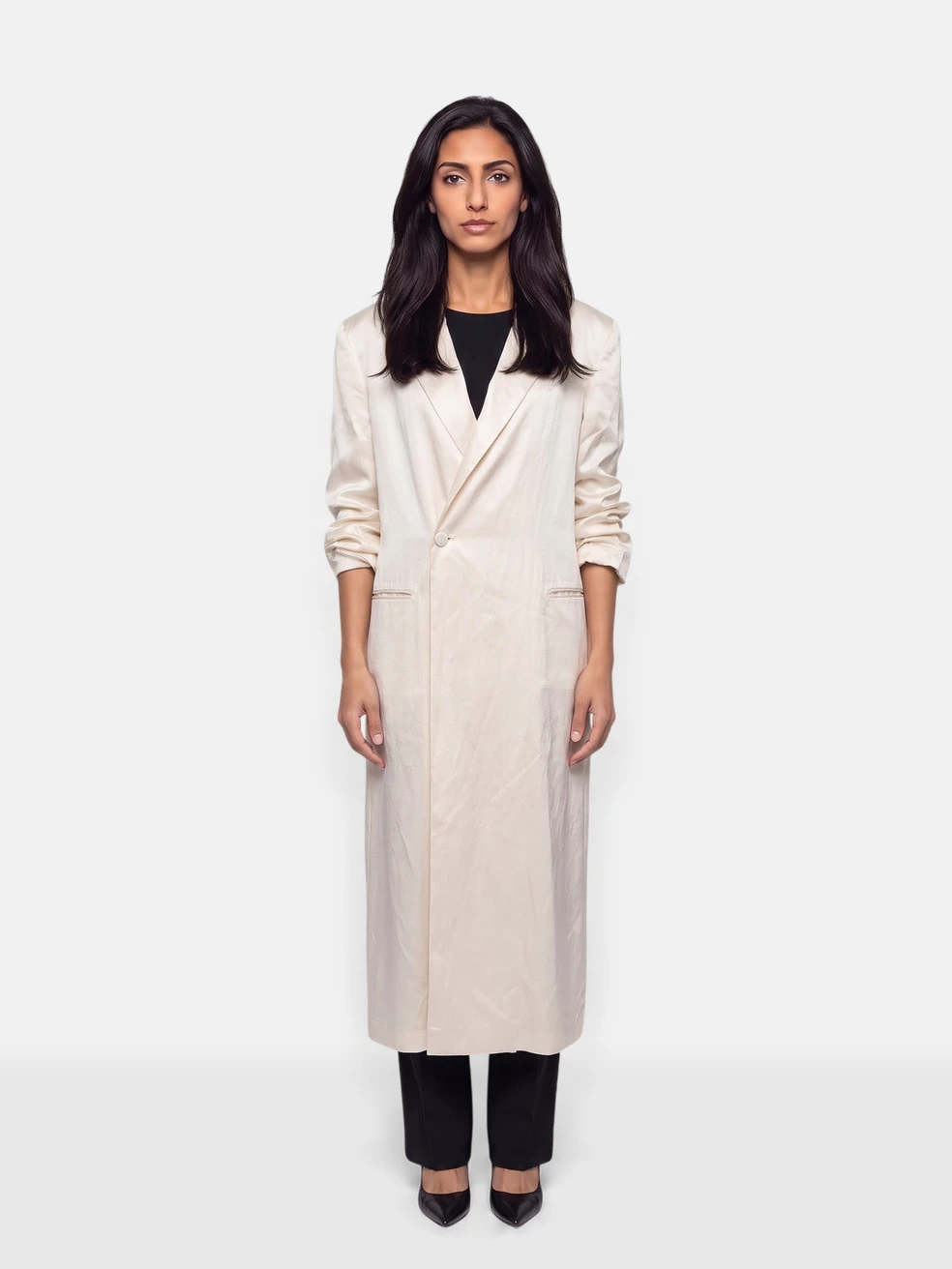 Ecru Wool Long Blazer Coat