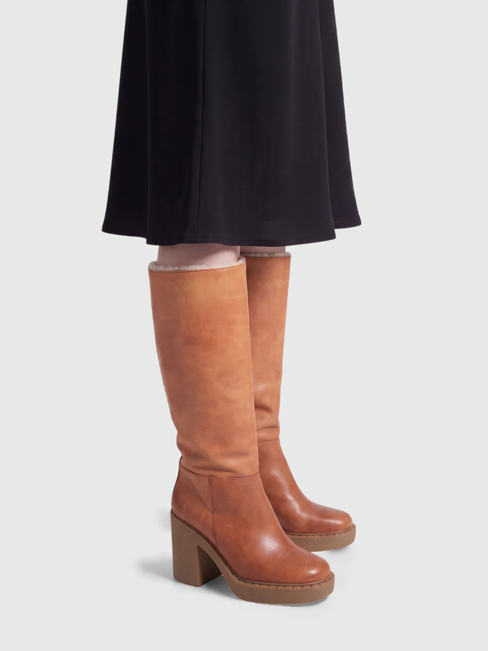 Brown Leather Shearling Lined Knee High Boots