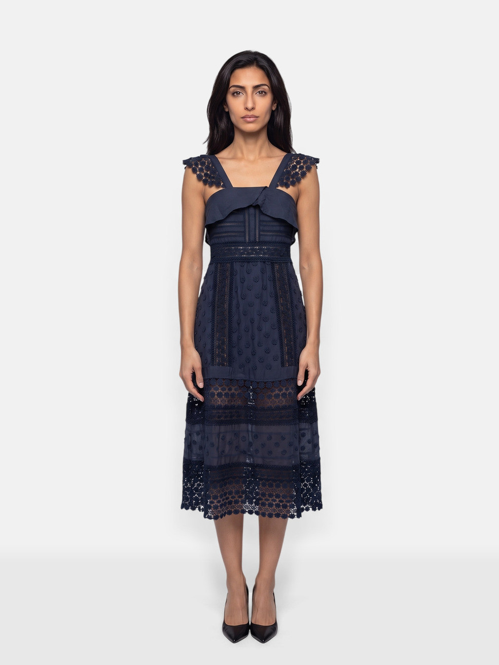 Navy Floral Lace Trim Bluebell Midi Dress