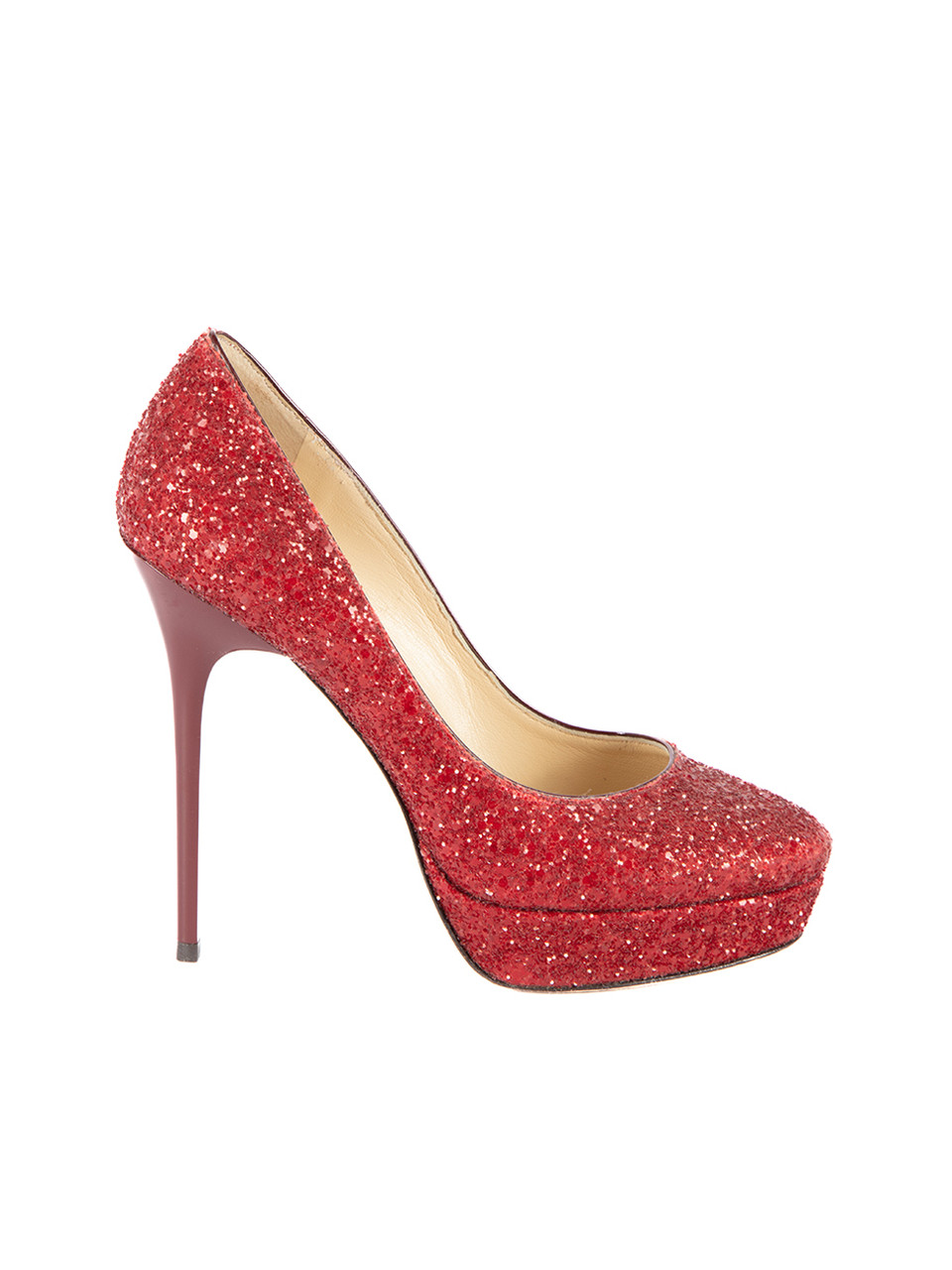 Jimmy Choo Red Glitter Almond Toe Platform Pumps