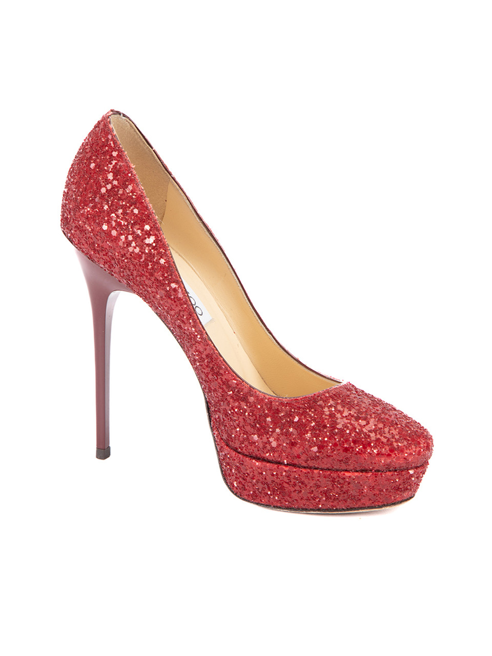 Jimmy Choo Red Glitter Almond Toe Platform Pumps